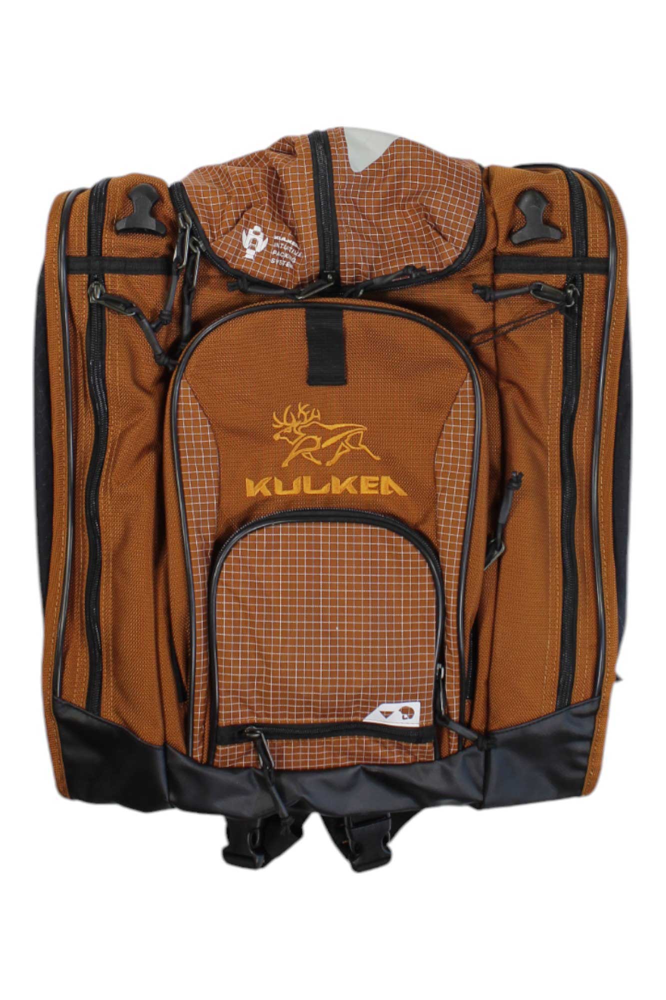 Ski boot bag in burnt orange with front zip panel and KULKEA logo, top carry handle