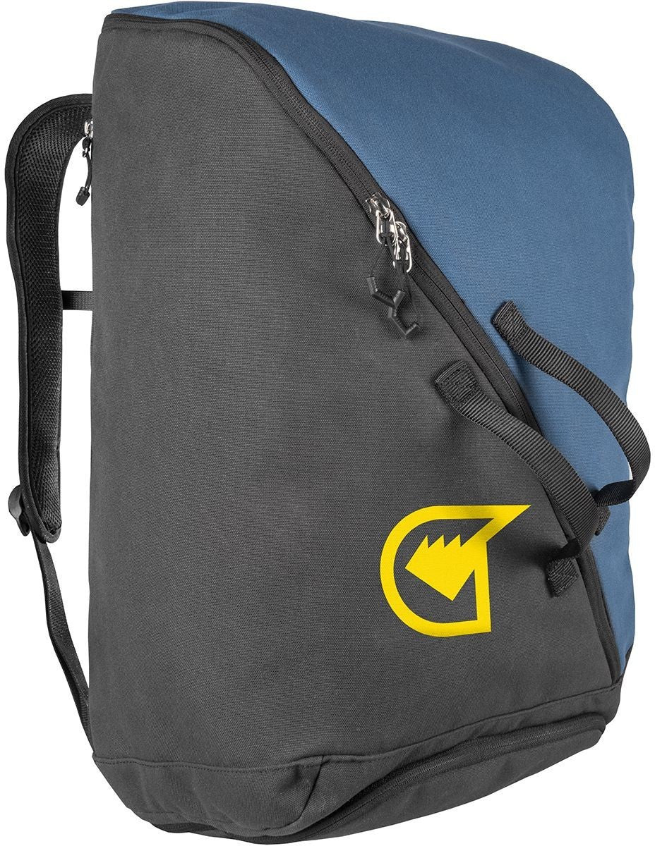 The Grivel Freedom 40L Backpack is a large black and blue outdoor bag with a yellow side logo, two zippers, and adjustable shoulder straps.