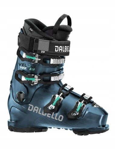 The Dalbello Veloce MAX 80 GW Ski Boot 24 is a blue ski boot for intermediate skiers, featuring four black and silver buckles, a black power strap at the top, and white Dalbello branding on the side and strap.