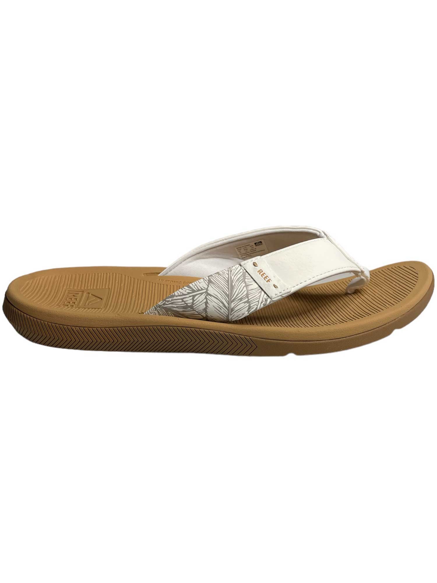 A brown Reef Womens Santa Ana Flip Flop with a white and grey patterned strap and arch support is shown from the side on a plain white background.