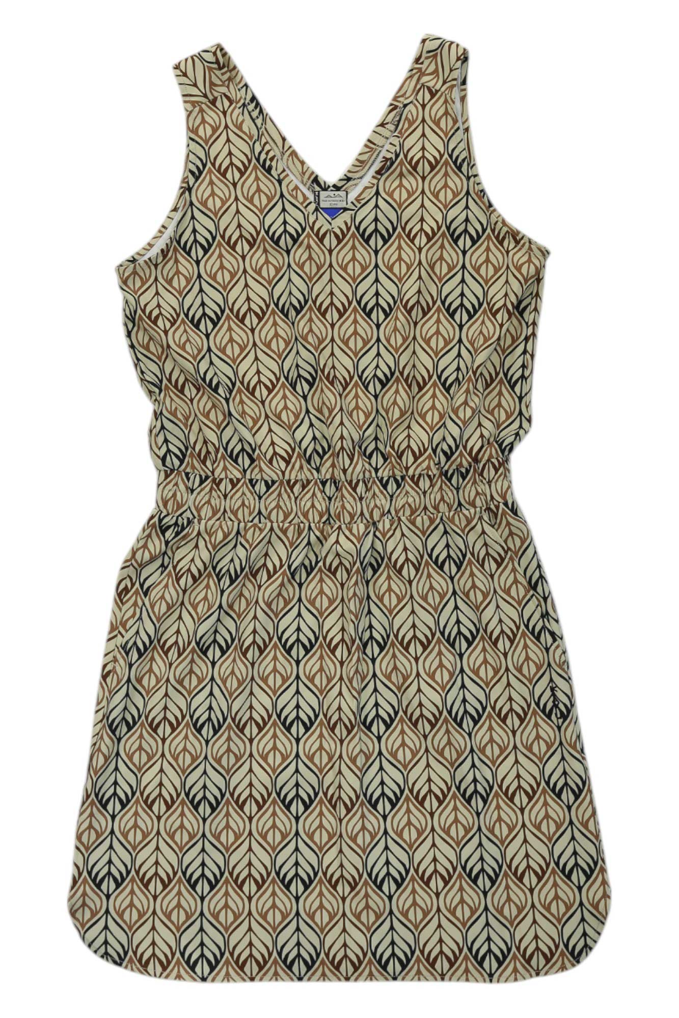 The KAVU Womens Ensenada Dress is a sleeveless, quick-dry V-neck dress with a cinched waist, featuring a brown and black leaf pattern on beige and UPF 50+ sun protection, shown laid flat on a white surface.