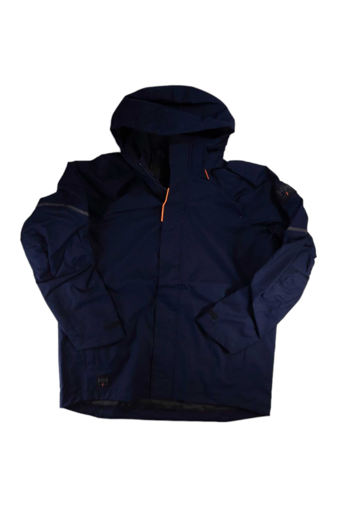 The Helly Hansen Mens Kensington Shell Jacket features a dark blue shell, orange zipper accents, reflective sleeve detailing, and a waterproof design for reliable protection.