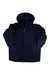 The Helly Hansen Mens Kensington Shell Jacket features a dark blue shell, orange zipper accents, reflective sleeve detailing, and a waterproof design for reliable protection.