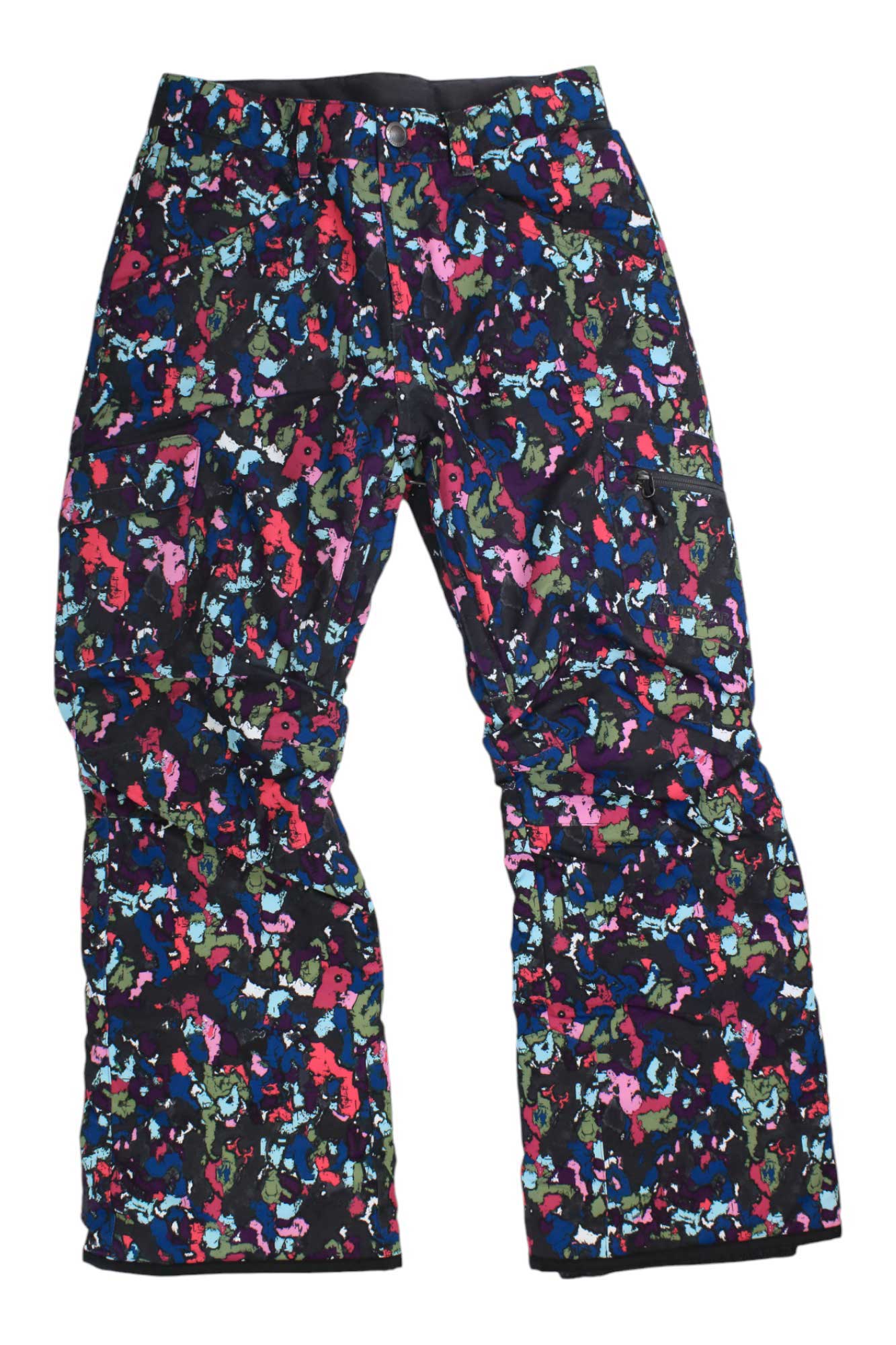 Boulder Gear Ravish Insulated Pants in a vibrant multicolored camouflage pattern—blue, pink, green, red, and black—are displayed against a white background.