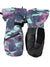 Camo waterproof mittens with black palms and cinched cuffs, teal/pink pattern