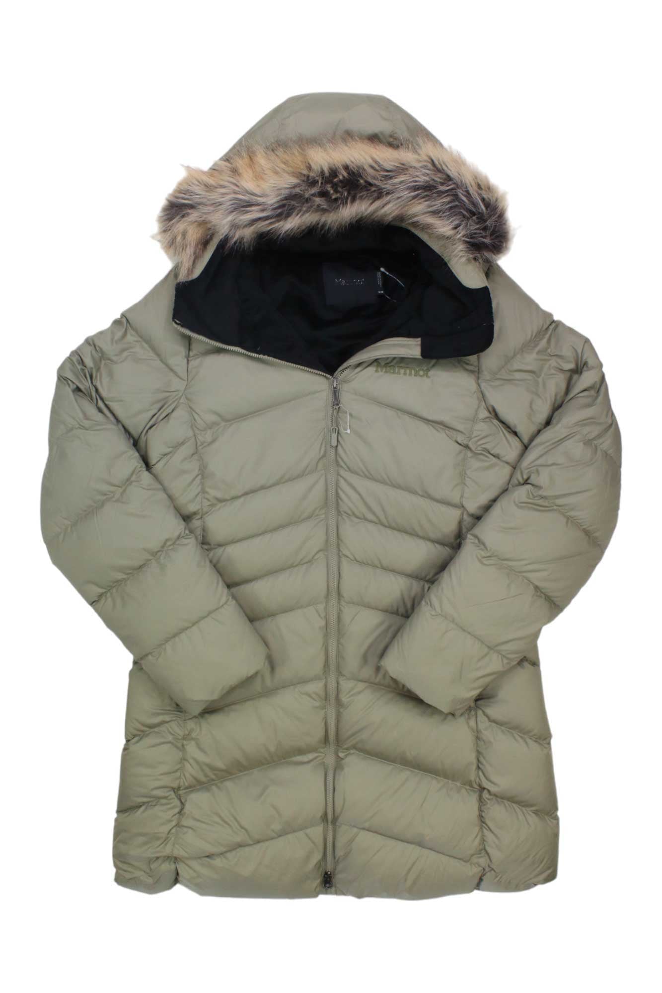 The Marmot Womens Montreal Down Coat is a light olive green, water-resistant coat with long sleeves, quilted design, faux fur-trimmed hood, and front zipper for warmth and padding in cold weather.