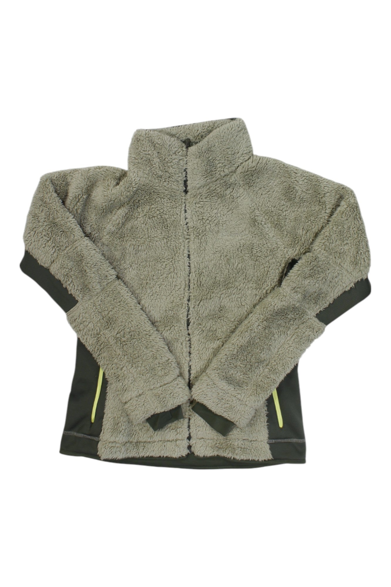 The Columbia Women's Pearl Plush II Fleece Jacket in light gray features a high collar, full zip front, yellow zippered pockets, dark side panels, and long sleeves—ideal for outdoor activities. Shown laid flat on a white background.