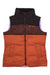Quilted down vest with high collar, dark brown and orange panels, front zipper