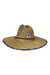 The Huk Mens Straw Palm Wash Hat is a wide-brimmed outdoor hat with a blue and white Salt Life patch on the front and blue patterned trim around the brim, providing excellent sun protection.