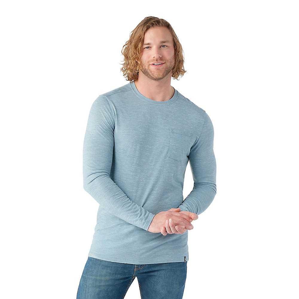 Men's blue heather merino long-sleeve pocket tee, crew neck and sleeves