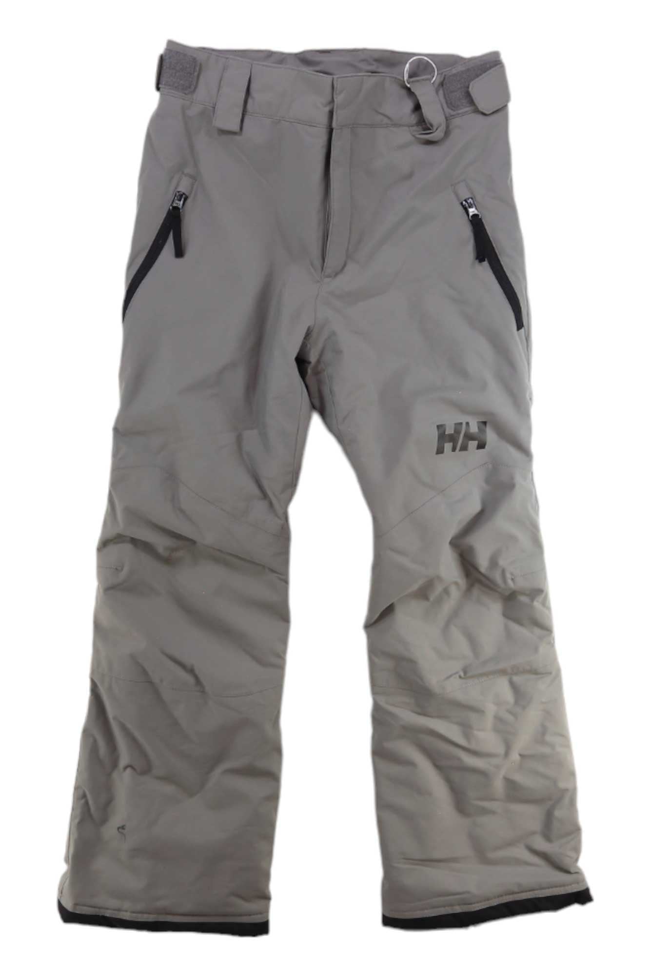 The Helly Hansen Juniors Legendary Pant in light gray features insulation, zippered front pockets, belt loops, and the HH logo on the left thigh. These kids' ski pants are waterproof and ideal for skiing or other winter sports.