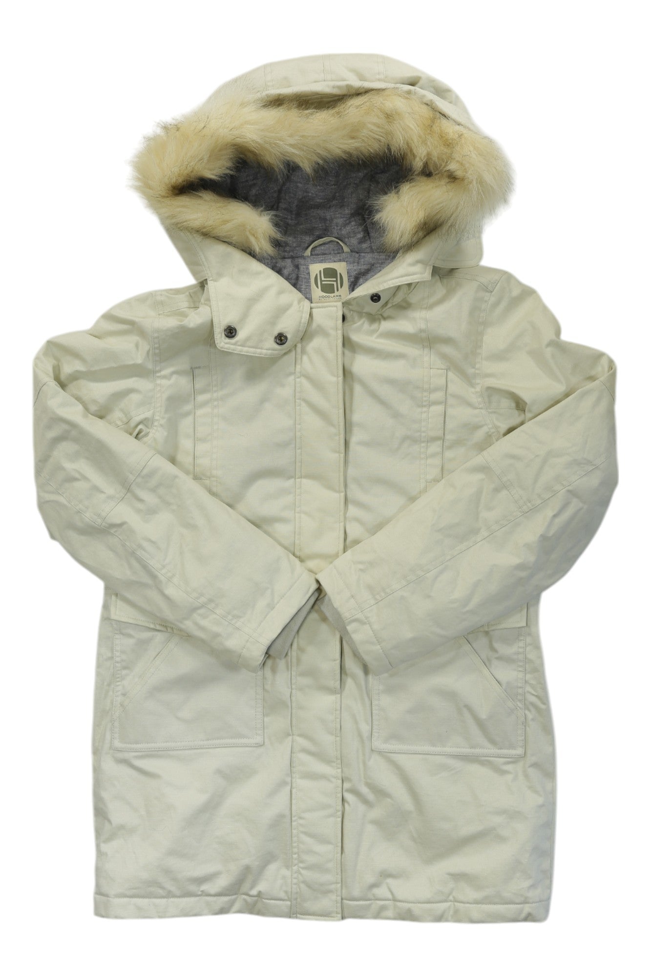The Hoodlamb Womens Fur Collar Parka is a beige insulated winter jacket with a fur-lined hood, front zipper and snaps, two large front pockets, and long sleeves, shown against a white background.