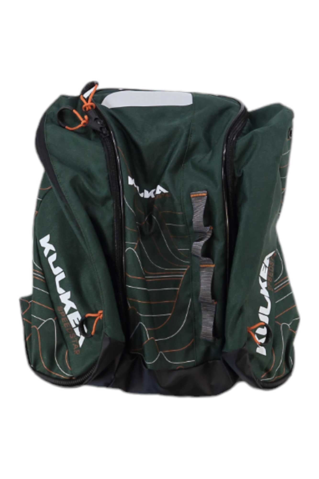The Kulkea Kids Speed Star Ski Boot Bag is a green backpack with white logos, orange zipper pulls, and abstract line designs, shown standing upright against a white background.