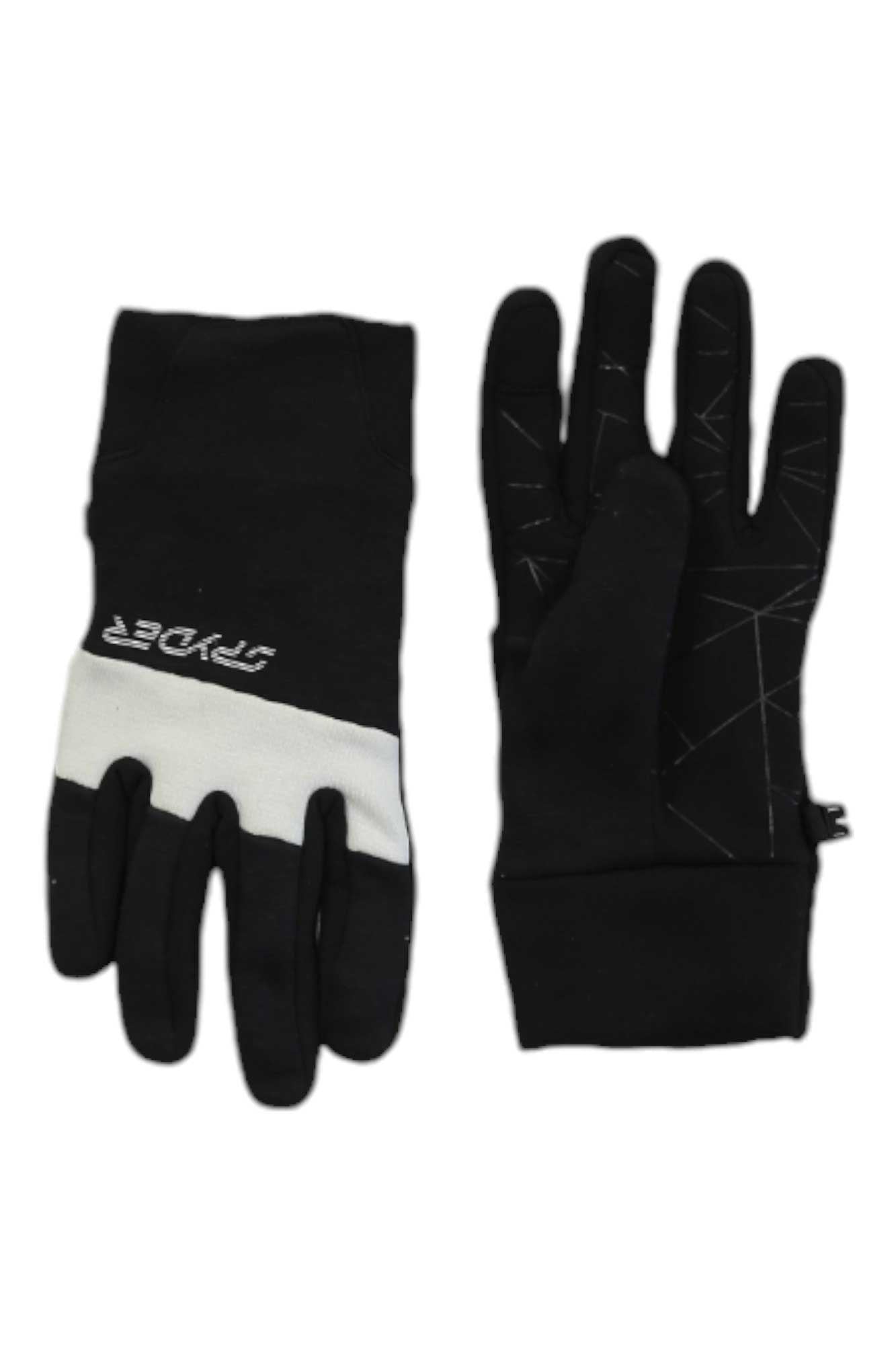 The Spyder Womens Speed Fleece Glove is a black ski glove with a white stripe and SPYDER branding; it features white line patterns on the palm for touch screen use, making it ideal for cold weather.