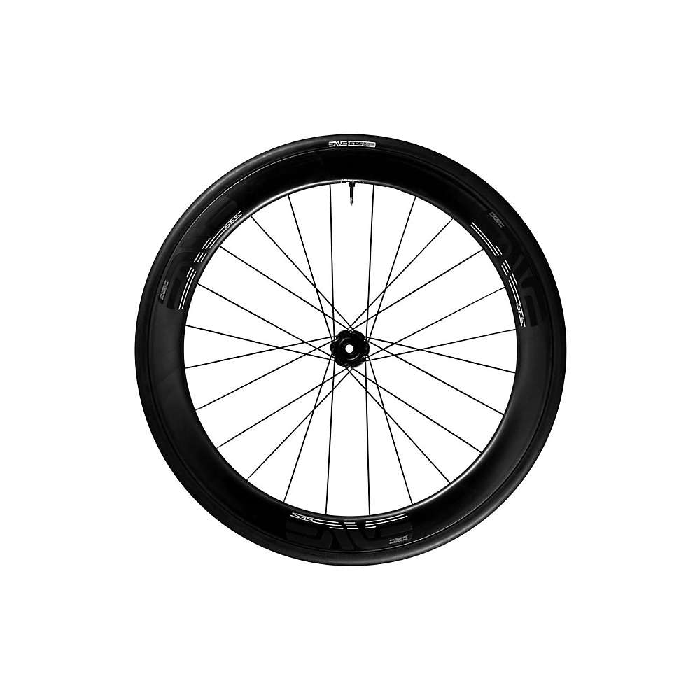 A black carbon fiber bicycle wheel with multiple spokes is shown side-on against a white background, featuring the ENVE SES Tubeless Ready Tire for superior grip and advanced tubeless tech.