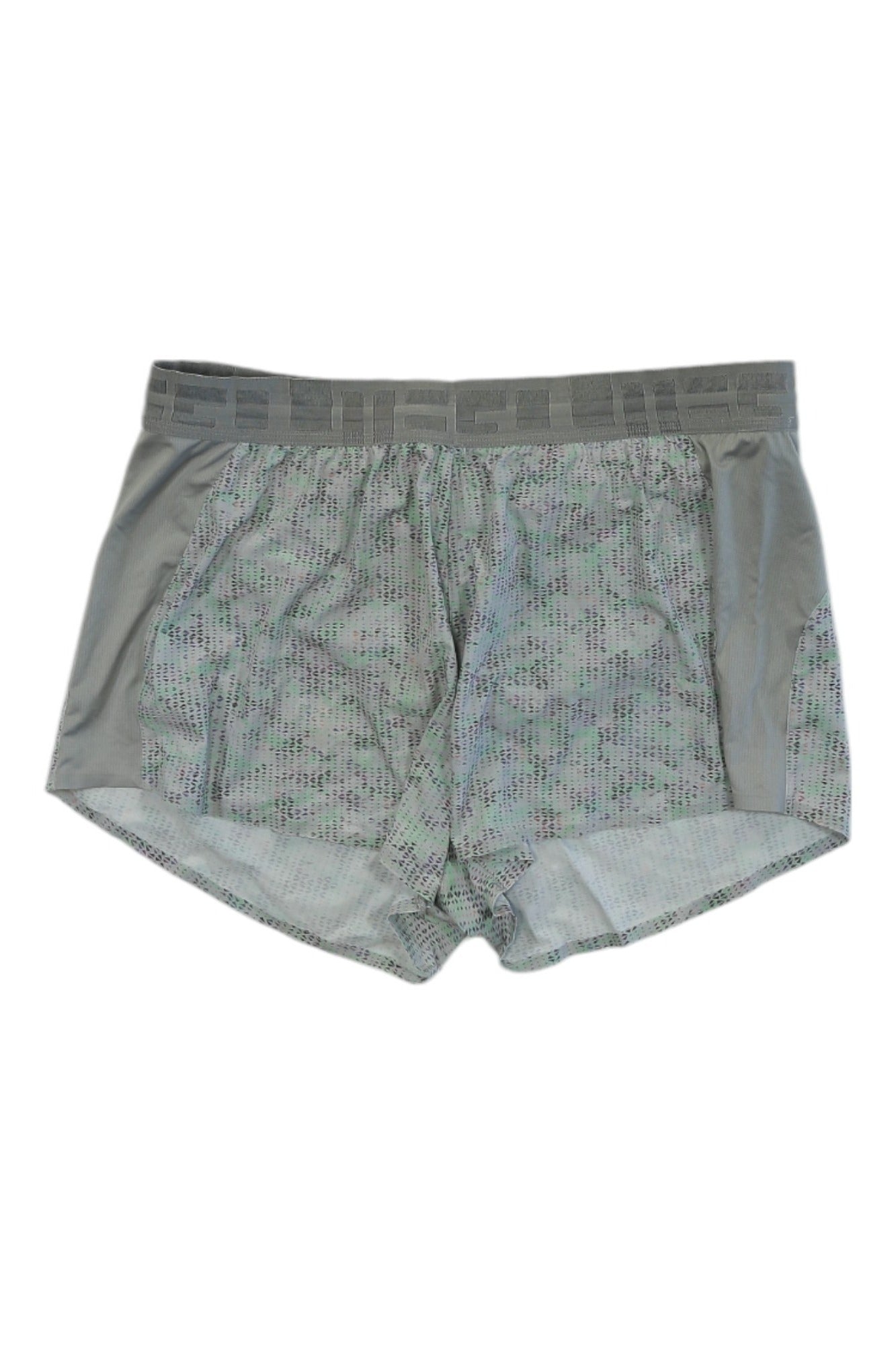 GoLite Womens ReFly 2.5 Inch Shorts in gray feature a subtle dot pattern and an elastic waistband. Quick-drying, they're perfect for active days and are displayed on a white background.