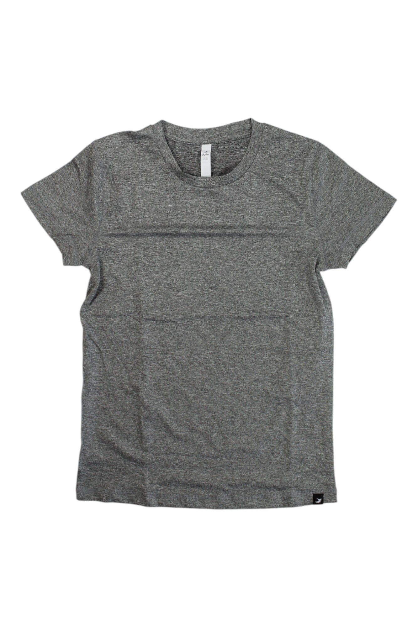 The Glyder Womens Simplicity Tee is a plain gray short-sleeve, crew neck athleisure shirt made from lightweight jersey, featuring a small black tag at the bottom hem and shown laid flat on a white background.