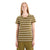 A woman with straight, light brown hair faces forward, wearing the Icebreaker Womens Wave SS Stripe Tee in olive green and beige stripes, paired with matching olive pants, standing against a plain white background.