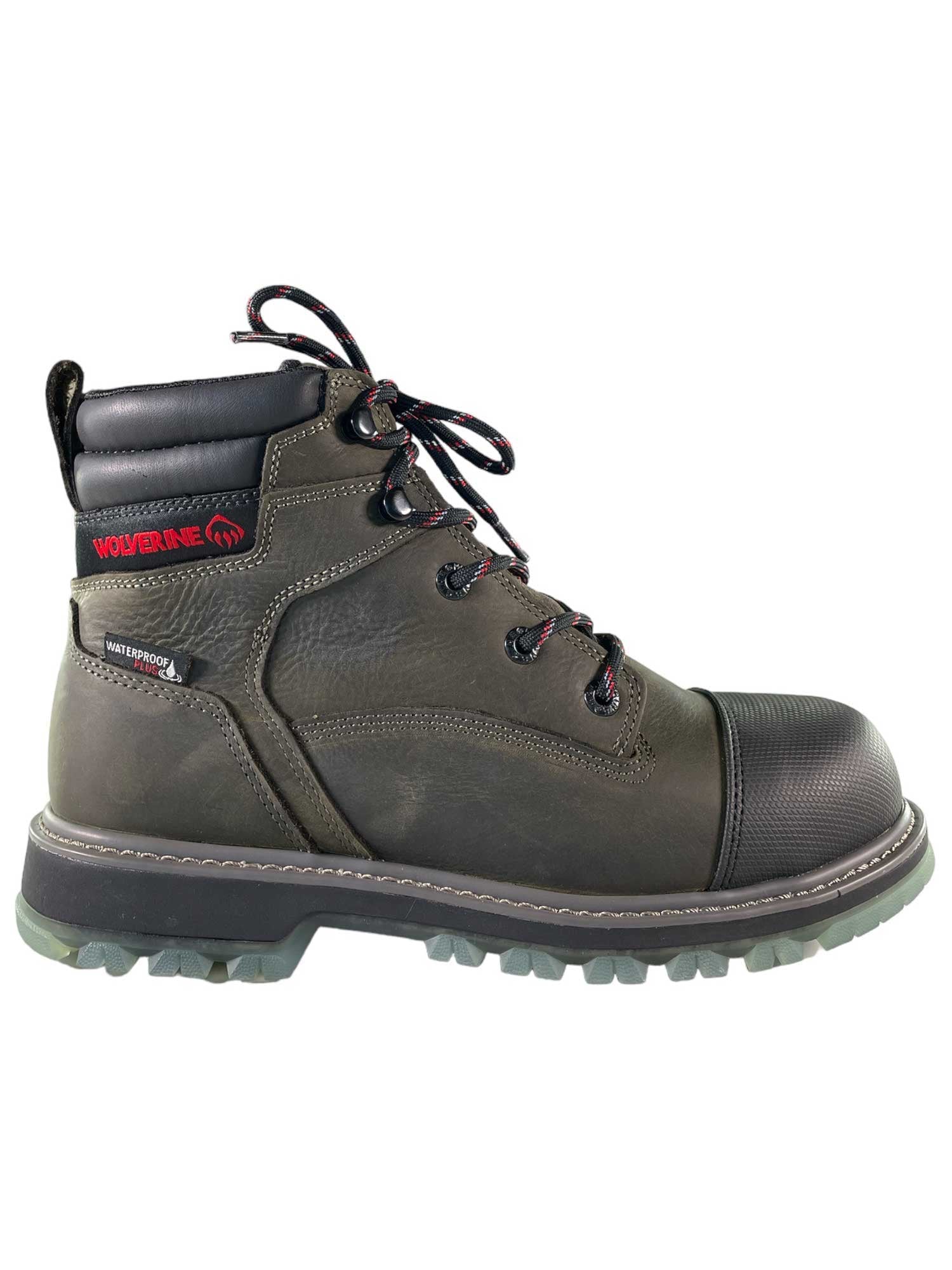 The Wolverine Mens Floorhand Lx Cap Toe 6 Inch Boot - Soft Toe is a brown full-grain leather work boot with black accents, red stitching, rugged slip-resistant sole, reinforced toe, black padded collar, and bold red Wolverine branding on the side.