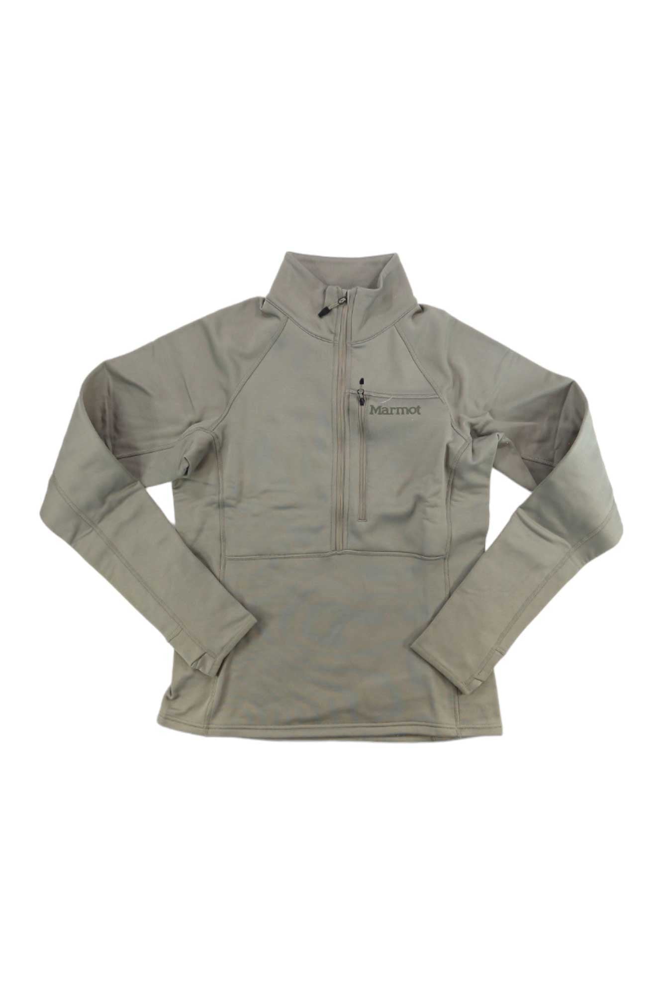 Light gray Womens Olden Polartec 1/2-Zip by Marmot, with Polartec Power Stretch, high collar, zippered chest pocket, and moisture-wicking fabric, shown laid flat.