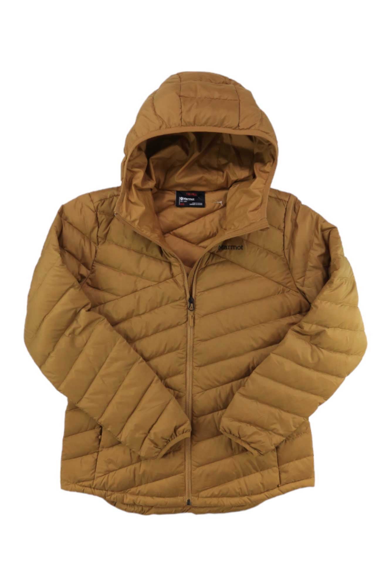 The Womens Highlander Down Hoodie is a brown, quilted down hoody made with Pertex Quantum and recycled polyester, featuring a front zipper and hood. Displayed on a white background.