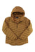 The Womens Highlander Down Hoodie is a brown, quilted down hoody made with Pertex Quantum and recycled polyester, featuring a front zipper and hood. Displayed on a white background.