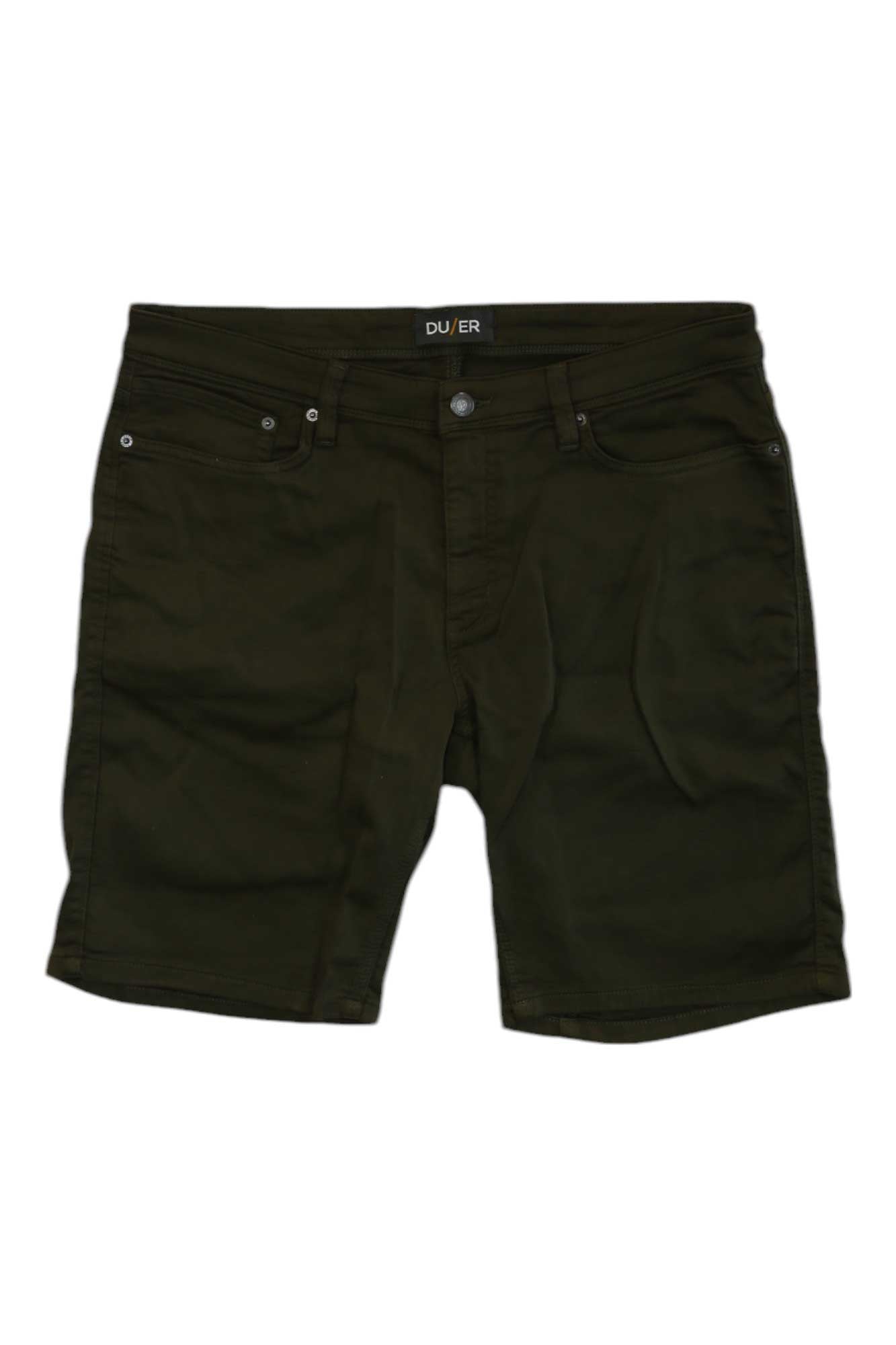 A pair of DUER Men's No Sweat 10 Inch Shorts in dark green featuring front and back pockets, button and zip closure, displayed on a white background.