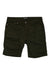 A pair of DUER Men's No Sweat 10 Inch Shorts in dark green featuring front and back pockets, button and zip closure, displayed on a white background.