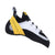 The Tenaya Tarifa Climbing Shoe in white, black, and yellow features “TENAYA” on the side, black laces, perforated details, a hook-and-loop closure system, and a Vibram XS Grip rubber outsole, displayed against a white background.