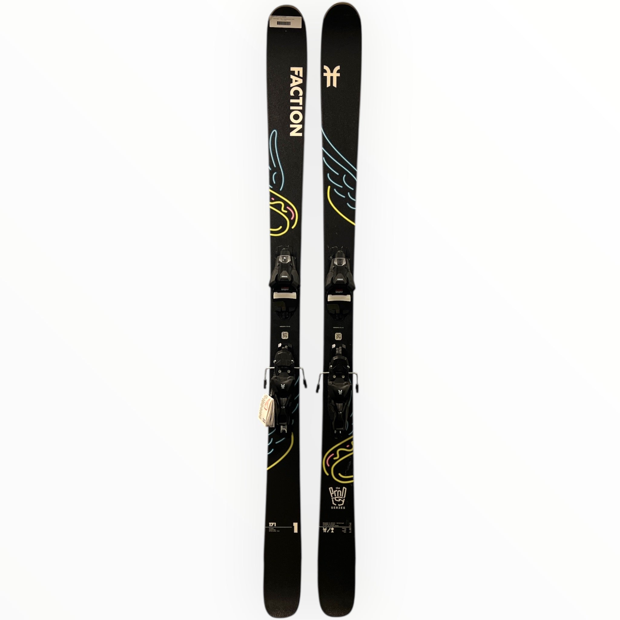 The Faction Prodigy 1 + Strive 11 GW Bindings all-mountain skis are shown in black with blue and yellow abstract designs and logos on the top, displayed against a white background.