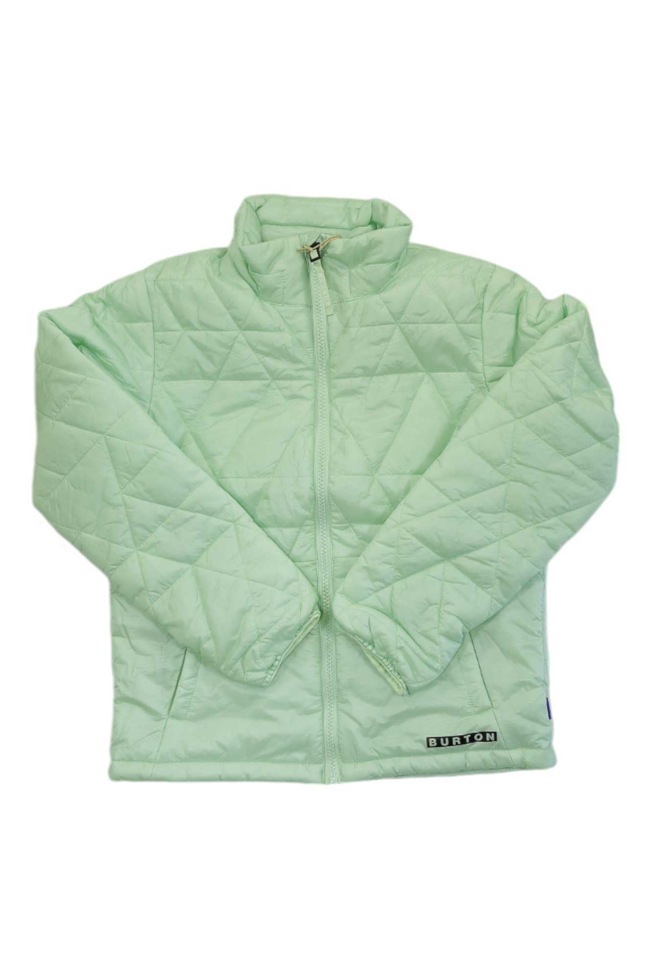 The Burton Kids Vers-Heat Insulated Jacket in light green features a front zipper, high collar, long sleeves, diamond pattern stitching, breathable insulation, and a small Burton logo patch near the hem.