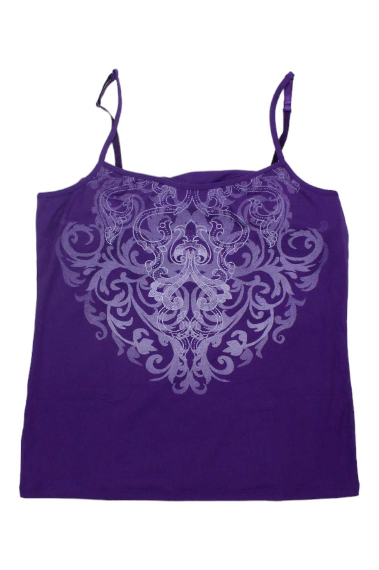 Purple graphic cami tank with wide scoop neckline, spaghetti straps, and ornate print
