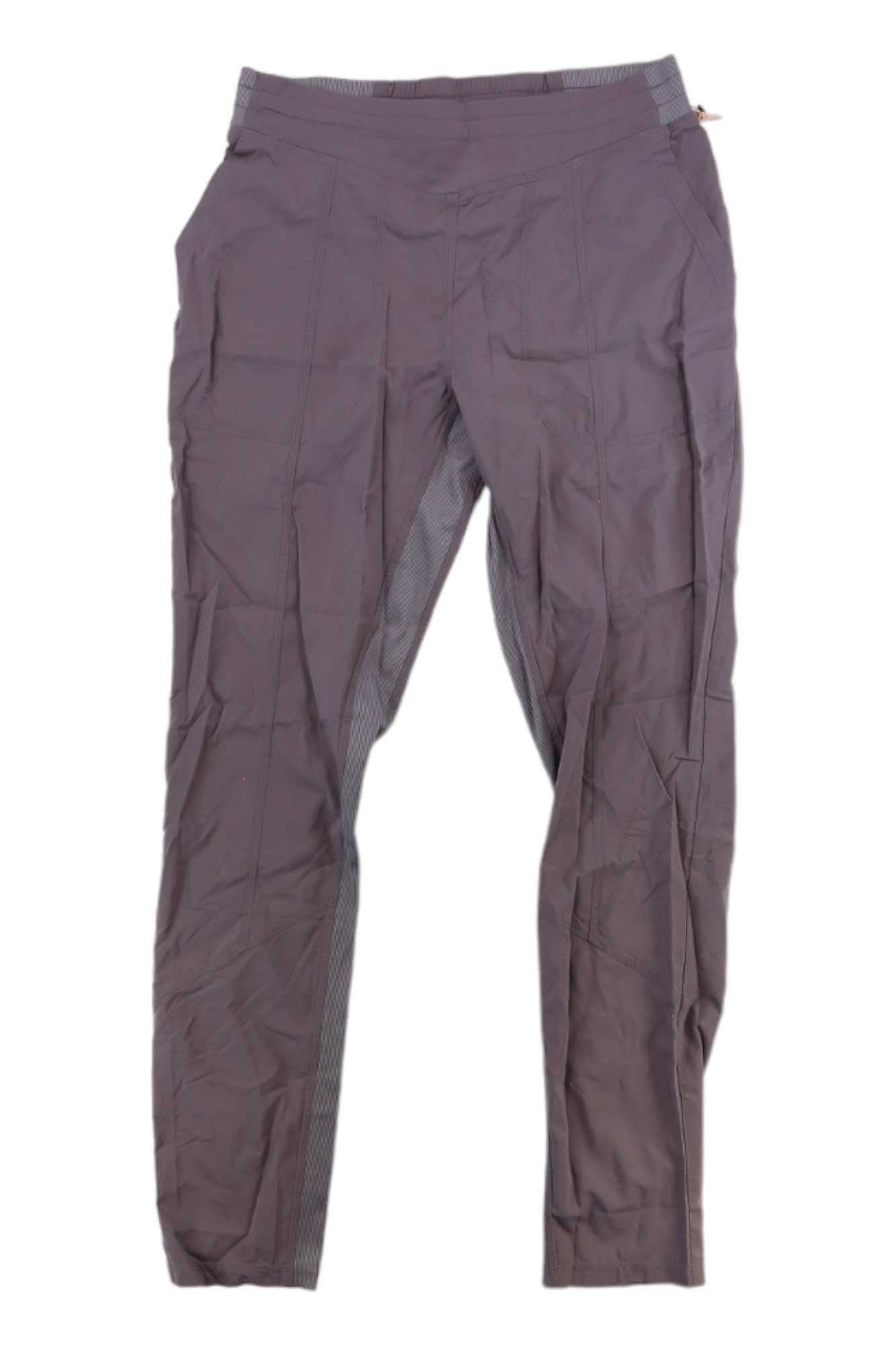 Women's purple pants with elastic waistband and cargo pockets, ankle length
