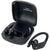 Black wireless sport earbuds with open charging case and two earbuds inside