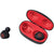 The Outdoor Tech Pearls Wireless Earbuds in black come with a matching red and black case featuring dedicated slots for each earbud, with one earbud shown outside the open case.