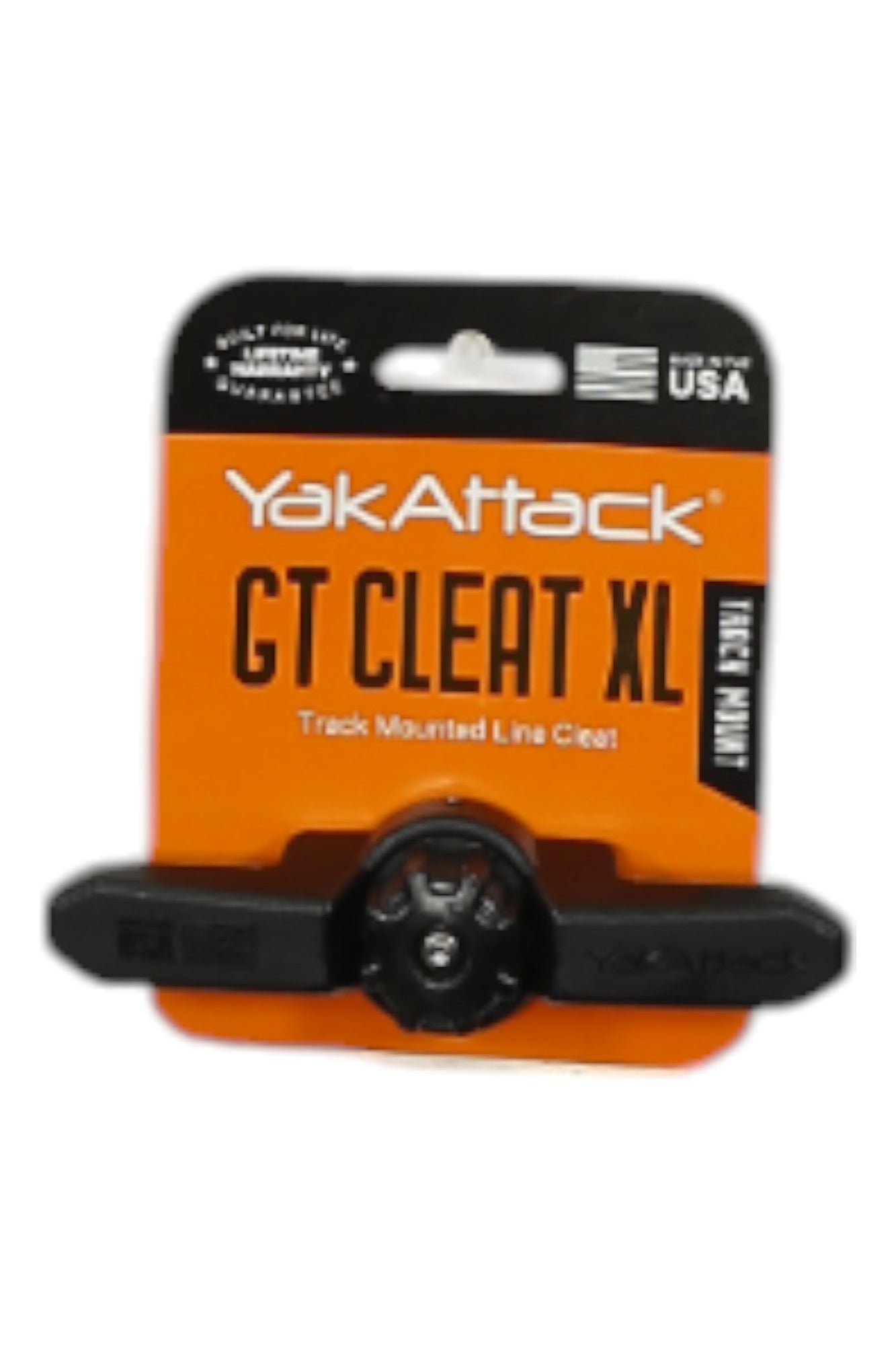 The YakAttack GT Cleat XL, packaged in orange and black, is a track-mounted line cleat for kayaks, perfect for paddling adventures. Shown against a white background.