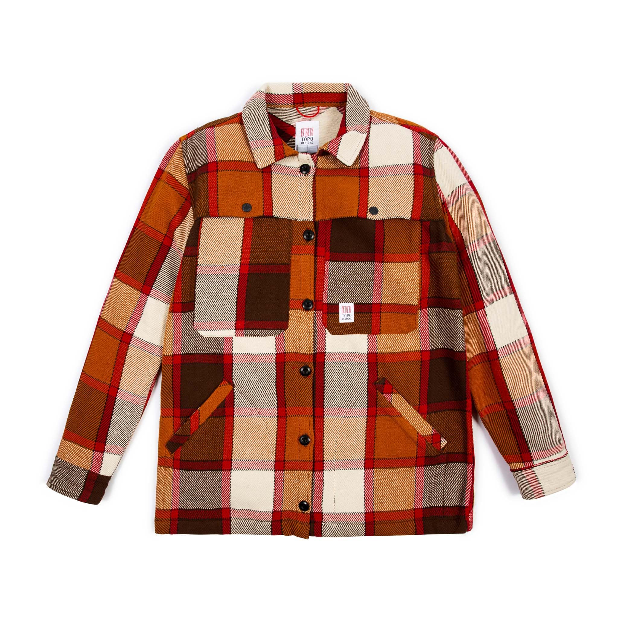 The Topo Designs Women's Mountain Shirt Jacket in Brown Natural Plaid features a large red, orange, brown, and cream plaid pattern with two front flap pockets and slanted hand pockets—perfect as your comfy go-to overshirt.