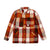 The Topo Designs Women's Mountain Shirt Jacket in Brown Natural Plaid features a large red, orange, brown, and cream plaid pattern with two front flap pockets and slanted hand pockets—perfect as your comfy go-to overshirt.