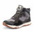 The Kodiak Women's Kenosee Mid Cut Waterproof Hiking Boot features a gray and black design with a rugged brown sole, yellow-black laces, reinforced panels, waterproof materials, and a padded ankle collar for support.