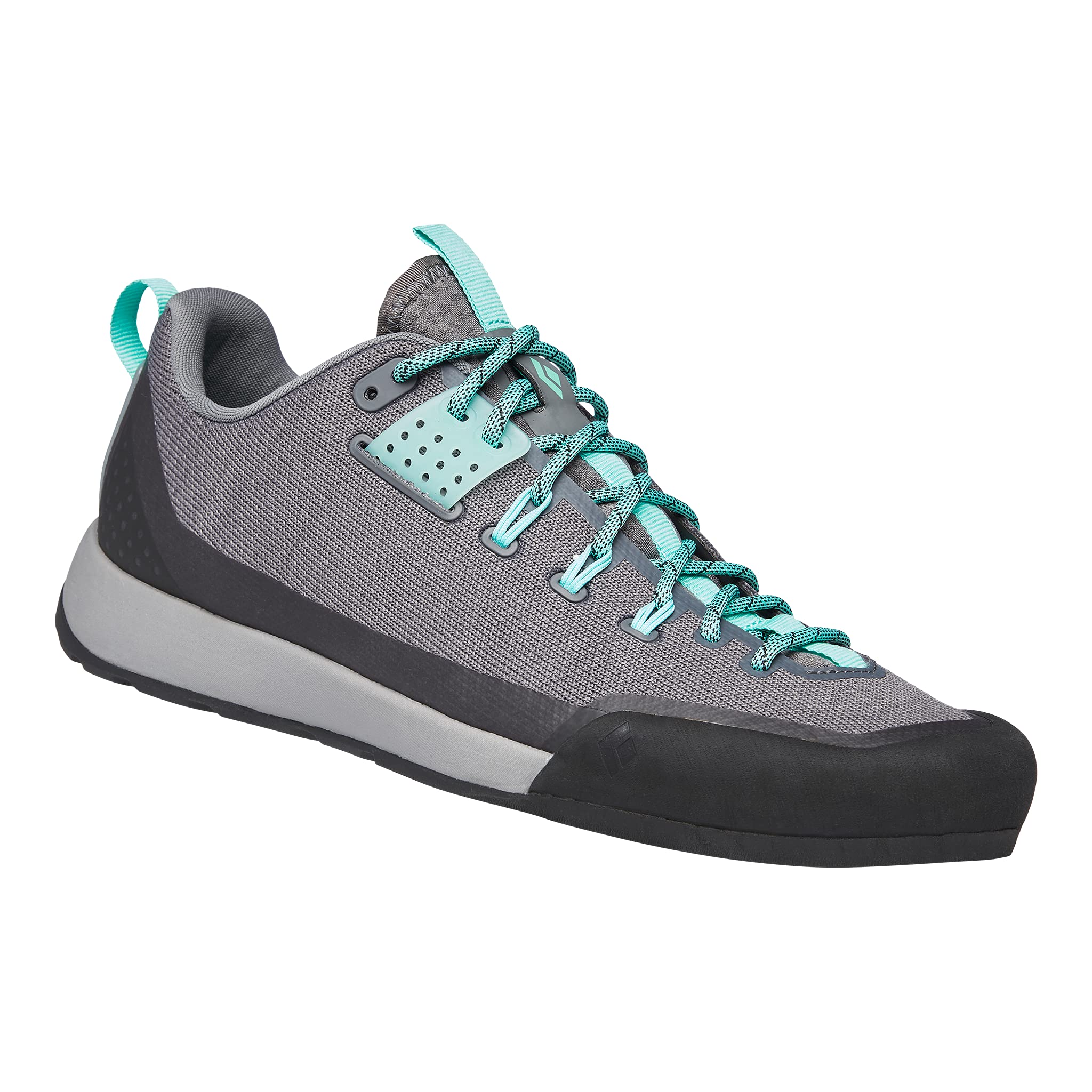 A gray athletic shoe, the Women's Technician Approach Shoes - Nickel Minted, features teal laces, a teal heel loop and accent, a black rubberized toe cap, and a light gray midsole in a low-profile climbing design.