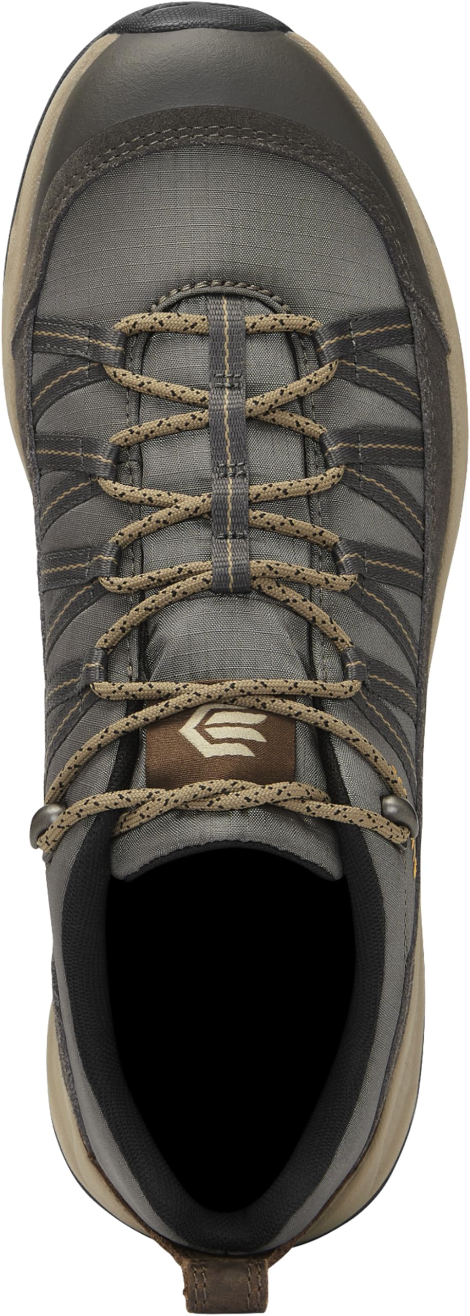 Top view of the LaCrosse Men's San Juan Hiking Shoes - Dark Olive, featuring a rugged design, patterned laces, stitched tongue logo, durable fabric upper, and reinforced toe and heel areas for lasting performance.