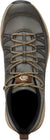 Top view of a single LaCrosse Men's San Juan Hiking Shoe - Dark Olive, featuring tan laces, black padded collar, textured fabric upper with stitched pattern, and a small brown logo on the tongue—a durable outdoor choice.