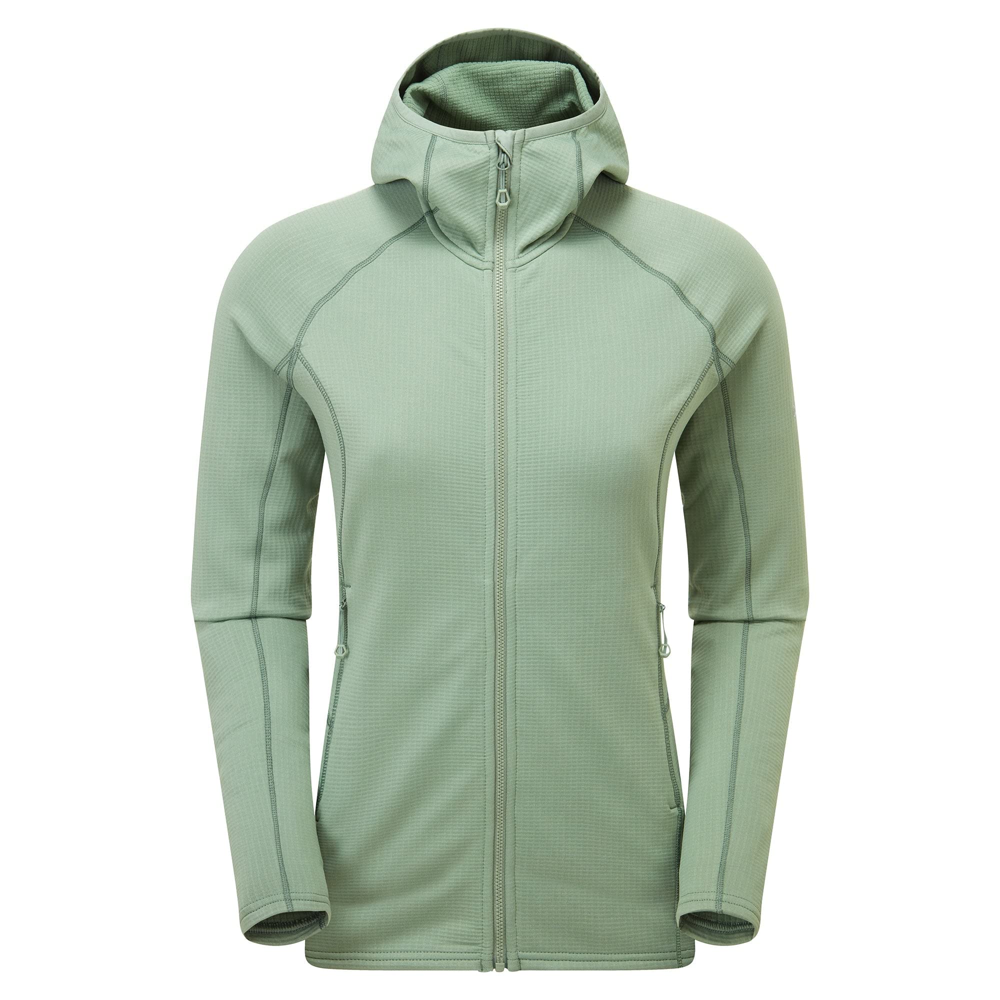 Montane Women's Protium Midlayer Hooded Fleece in Pale Sage features a full front zipper, long sleeves, zippered side pockets, and a subtly textured fabric. This fitted athletic outdoor layer is shown against a white background.