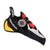 The Tenaya Iati Rock Climbing Shoe - Red features a black, red, yellow, and white design with Velcro straps, a pointed toe, microfiber leather upper, Vibram XS Grip Rubber sole, the Tenaya logo on the side, and a round emblem on the tongue.