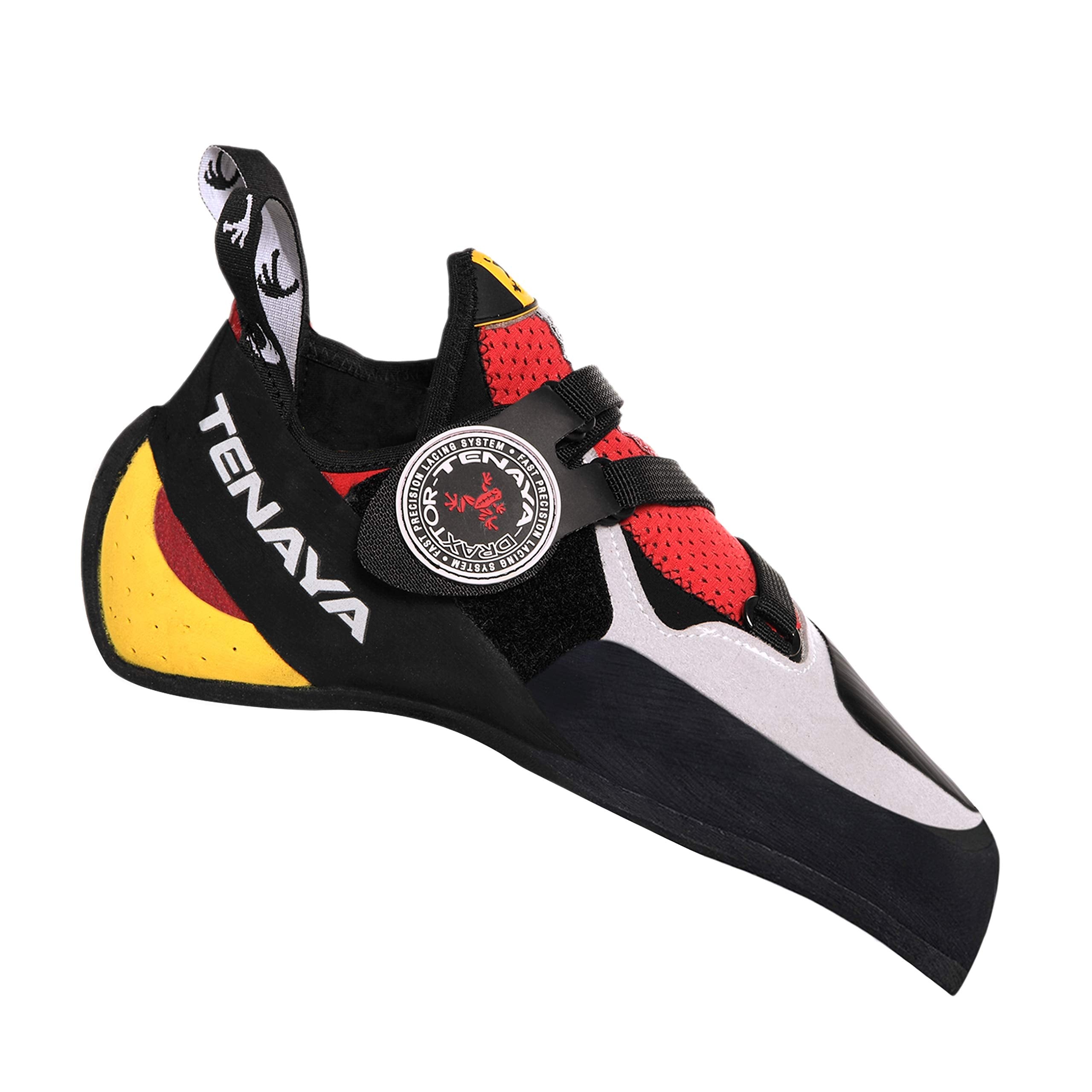 The Tenaya Iati Rock Climbing Shoe - Red features black, red, yellow, and gray colors, Velcro straps, a pointed toe, and a Vibram XS Grip rubber sole ideal for rock climbing.