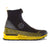 The La Sportiva Men's Cyklon Cross GTX Winter Trail Running Shoes come in black and yellow, feature a high ankle, side zipper, BOA Fit System dial, bold branding, rugged tread for grip, and a waterproof Gore-Tex upper for harsh winter trails.