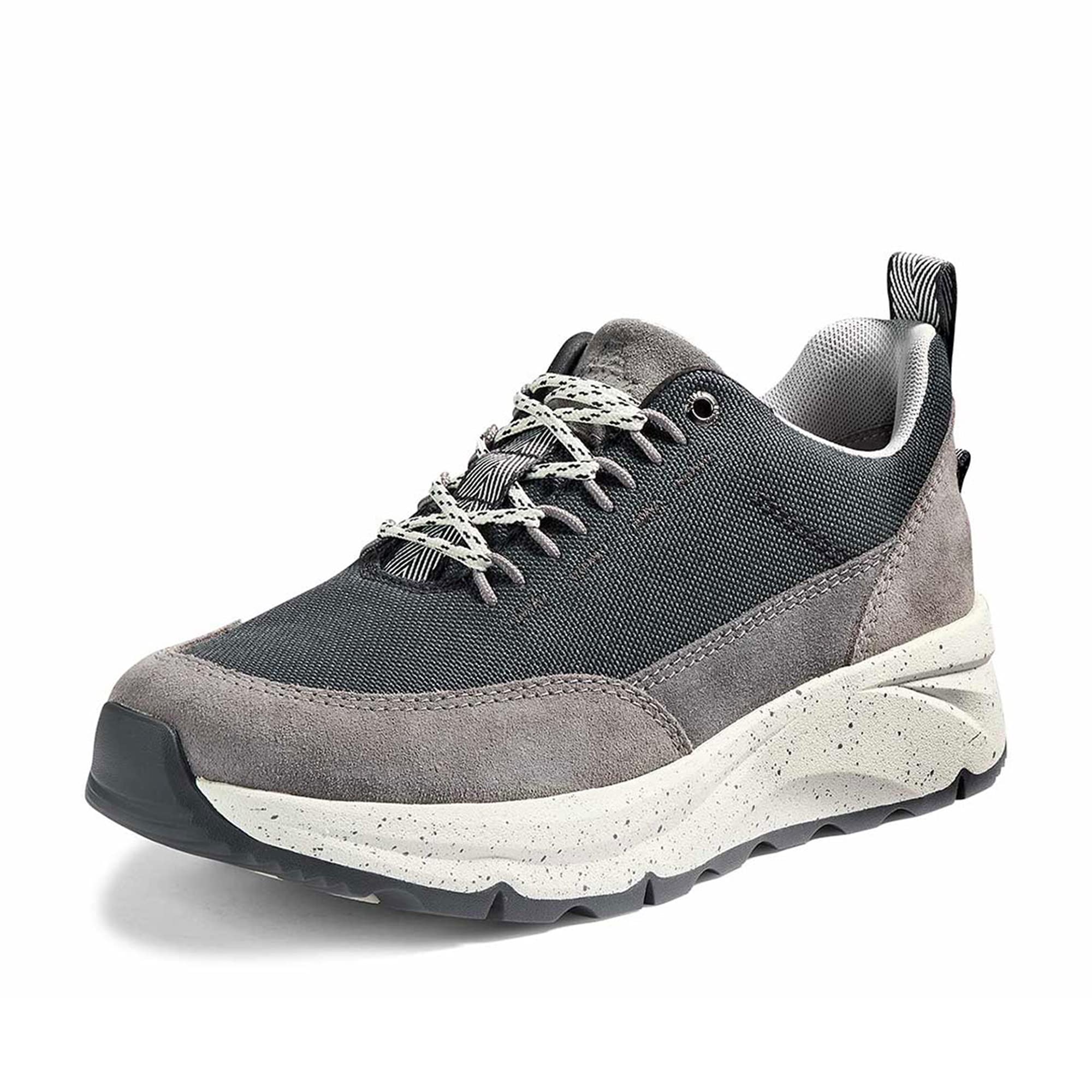 The Kodiak Women's Brigden Lace Up Sneaker is gray and black with white speckled laces, a chunky white sole with black speckles, a slip-resistant tread, and is shown on a plain white background.