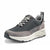 The Kodiak Women's Brigden Eco-Friendly Lace Up Sneaker in Charcoal features a mesh and suede upper, white speckled chunky sole, slip-resistant rubber outsole with black tread, white laces, heel pull tab, and a modern sporty design.
