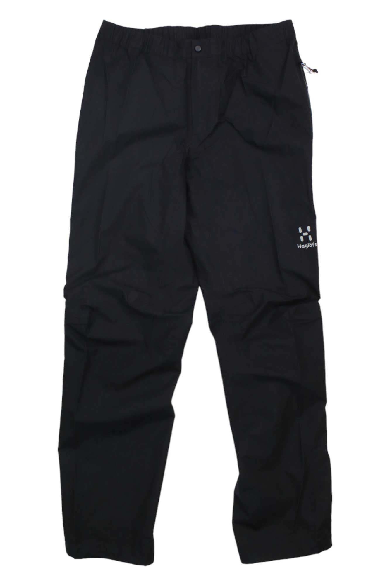 The Haglofs Womens L.I.M Pant is a pair of black ultralight pants with an elastic waistband and a small white Haglöfs logo on the upper left thigh. Lightweight and packable, they’re perfect for hiking or other outdoor activities.