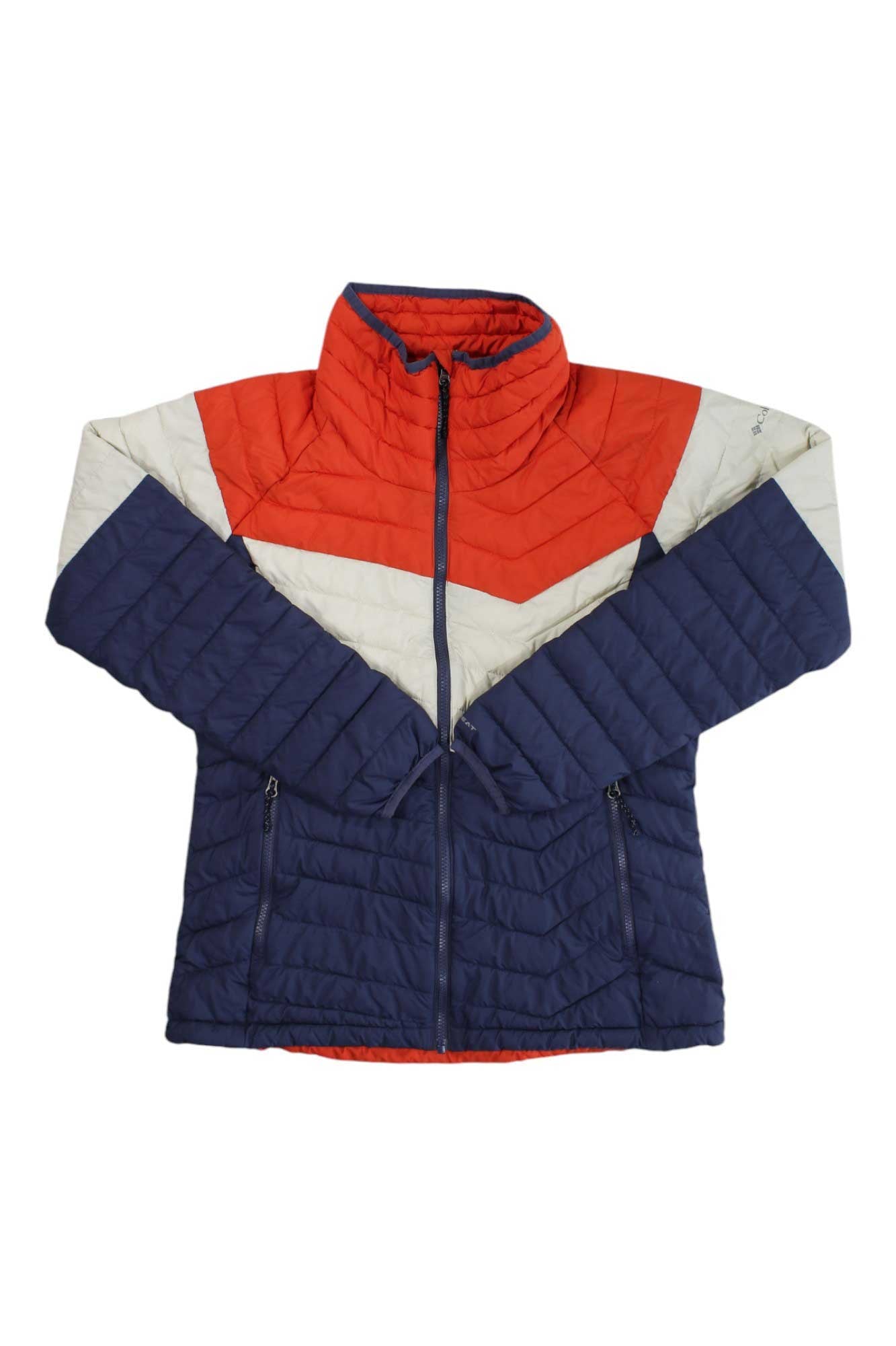 Women's color-blocked puffer jacket with full-zip front, red, cream, and navy panels